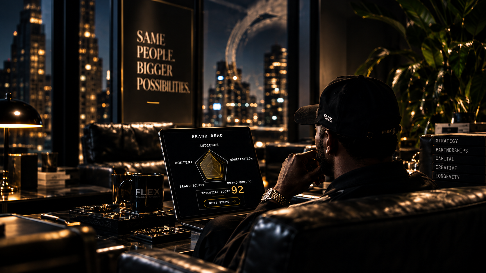 Cinematic Flex strategy room overlooking the city